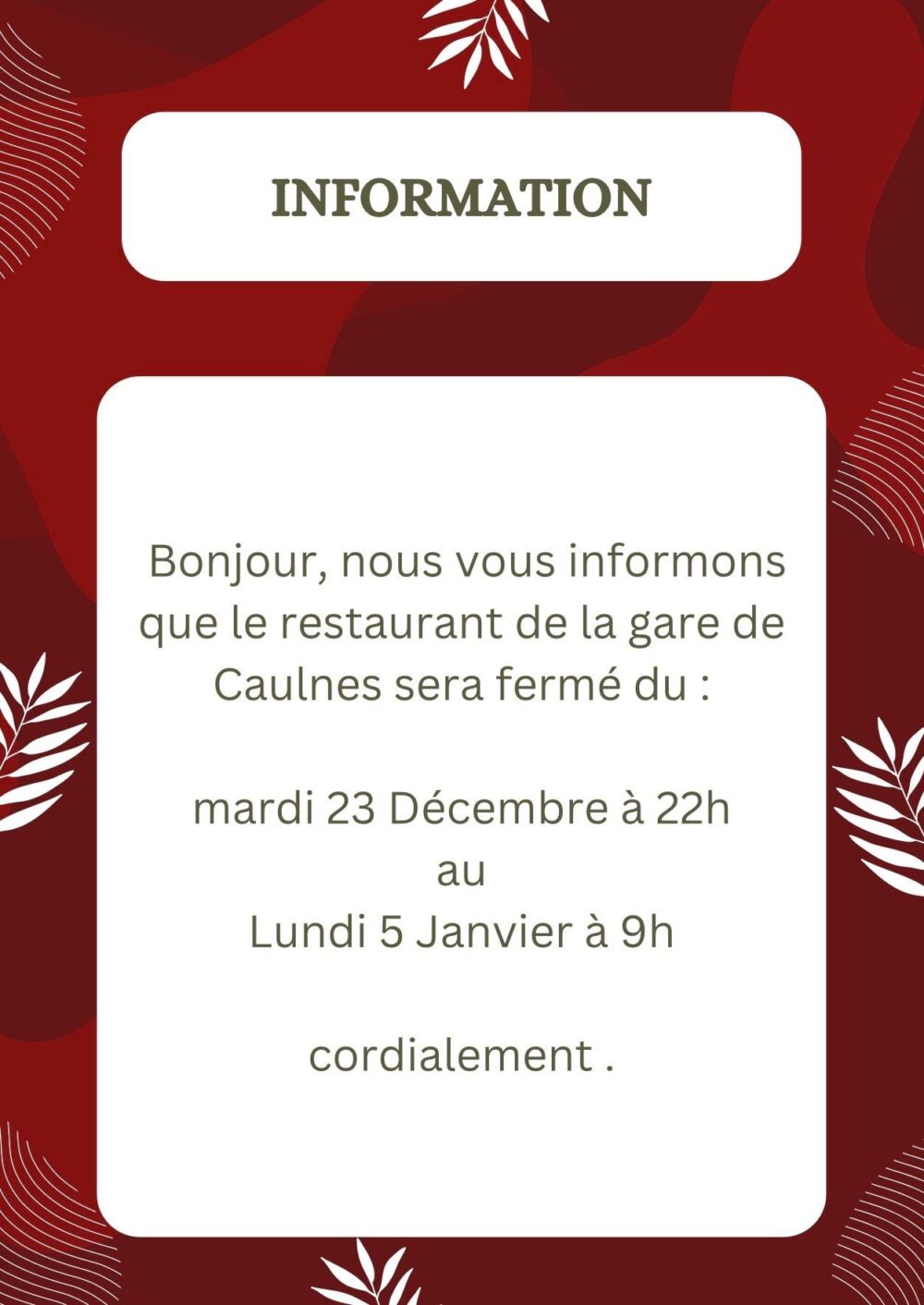 fermeture restaurant de la gare caulnes noel 2025