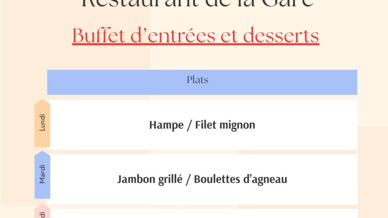 Menus Restaurant de la gare - 9 au 13 mars 2026