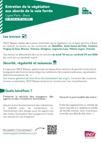Affiche d’information SNCF Réseau annonçant des travaux d’entretien de la végétation de nuit du 18 au 29 mai 2026 sur la ligne Paris-Brest, dans plusieurs communes bretonnes.