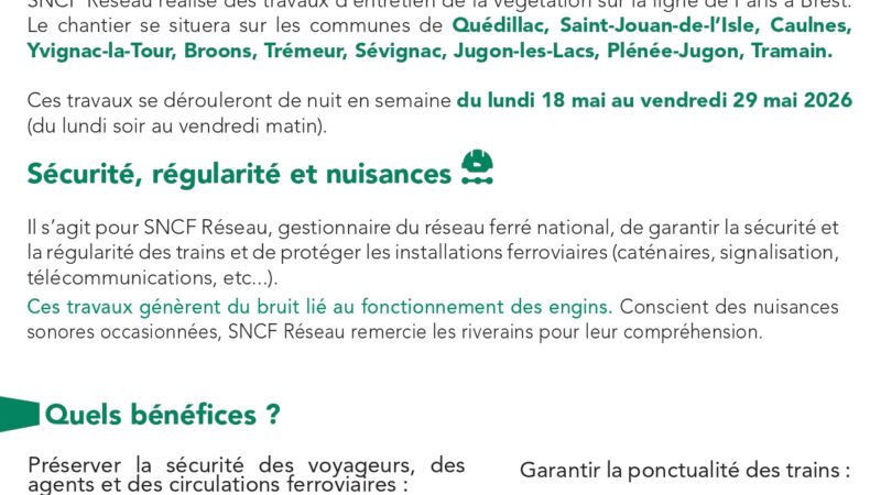 Affiche d’information SNCF Réseau annonçant des travaux d’entretien de la végétation de nuit du 18 au 29 mai 2026 sur la ligne Paris-Brest, dans plusieurs communes bretonnes.