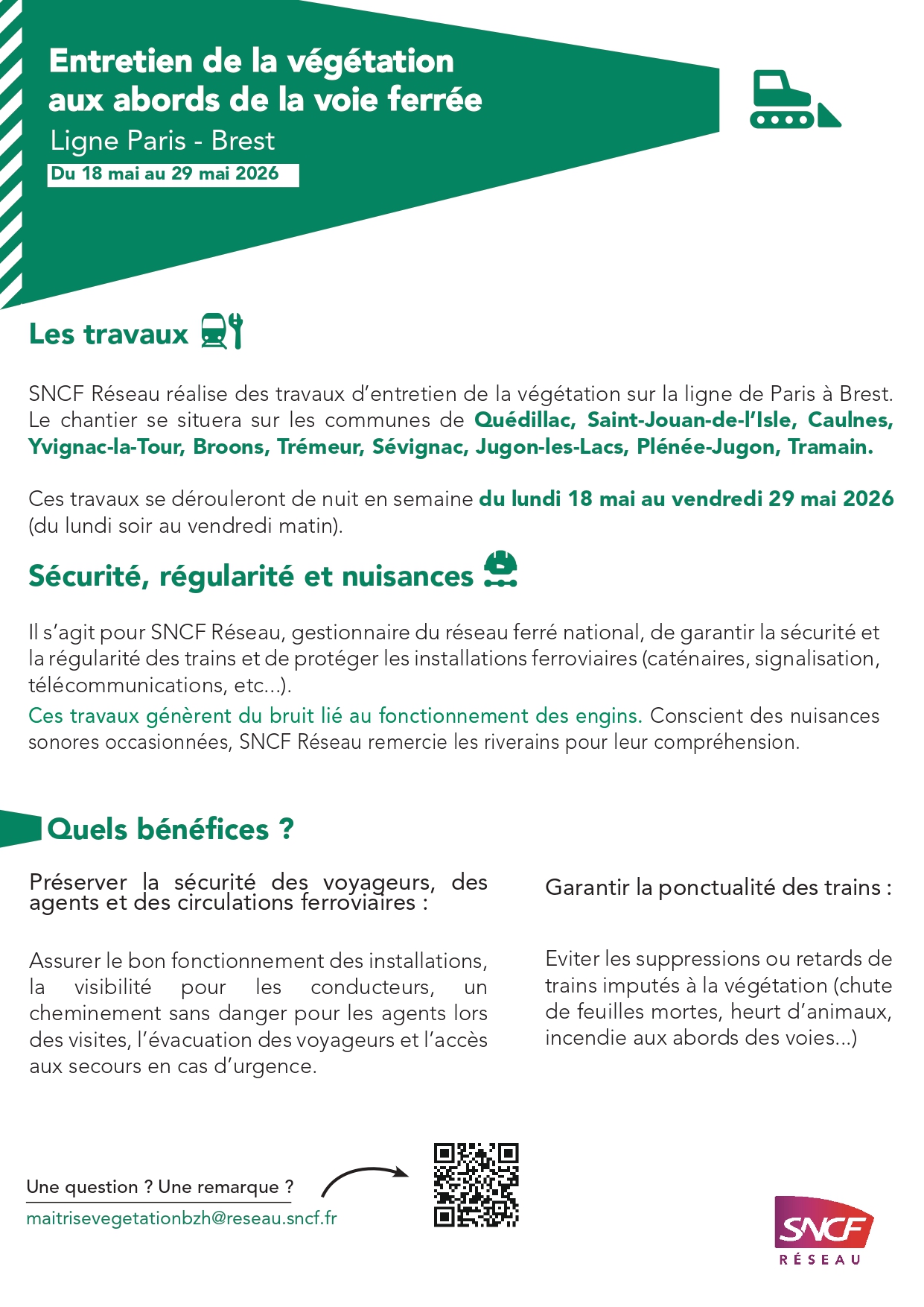 Affiche d’information SNCF Réseau annonçant des travaux d’entretien de la végétation de nuit du 18 au 29 mai 2026 sur la ligne Paris-Brest, dans plusieurs communes bretonnes.
