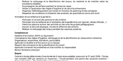 La mairie recrute | Agent polyvalent de restauration et d’animation (F/H)